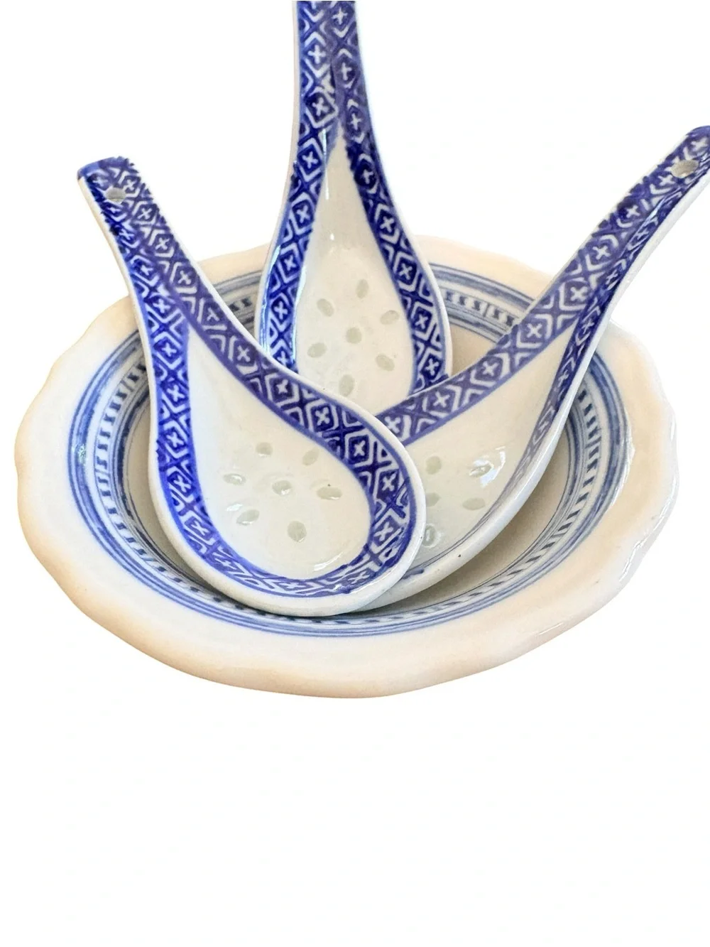 Syracuse China Blue & White Porcelain Condiment Bowl/ 3 Matching Pierced Spoons